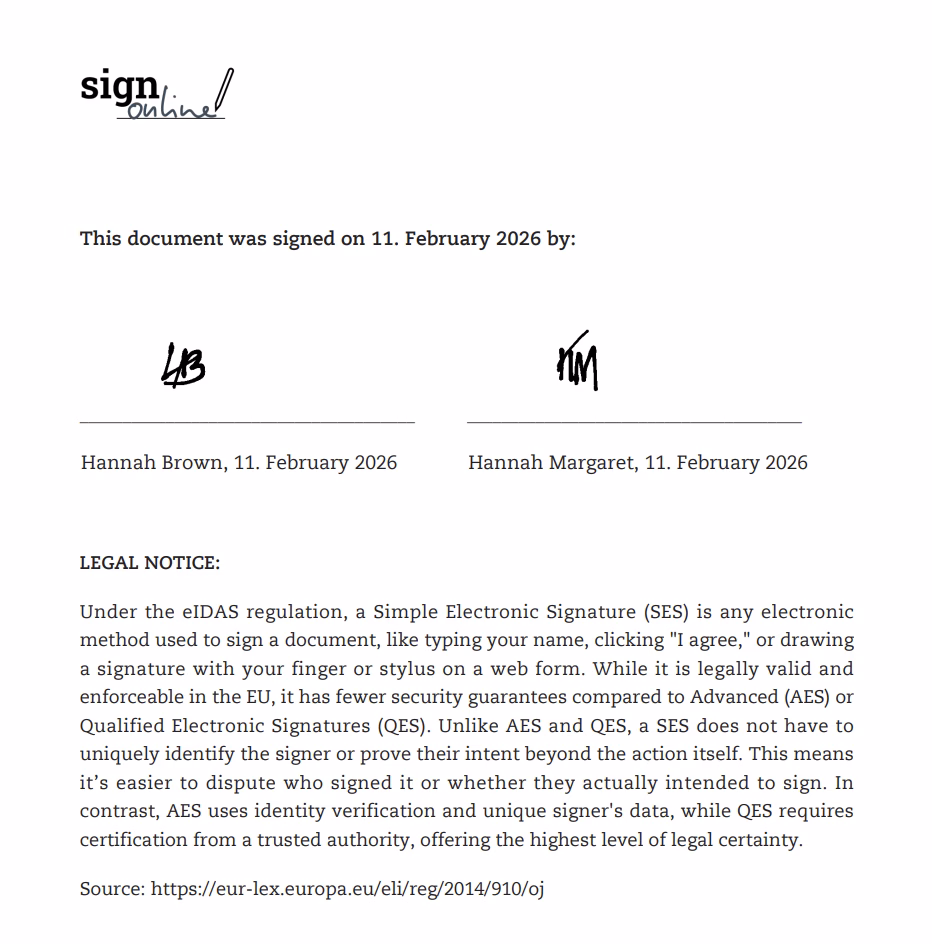 Example sign.online signature page for a simple electronic signature signed by two co-signers